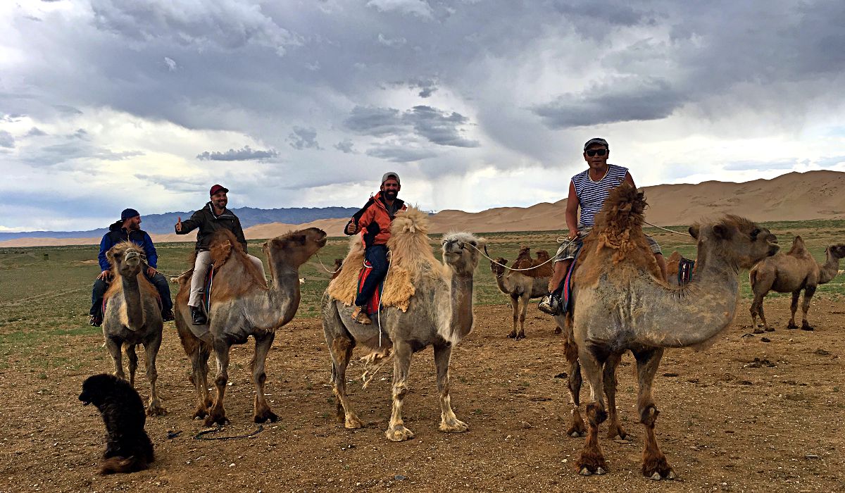 Kamelreiten in der Mongolei - da wussten wir noch nicht, dass gleich ein Sandsturm kommen würde. (Foto: Ruti)